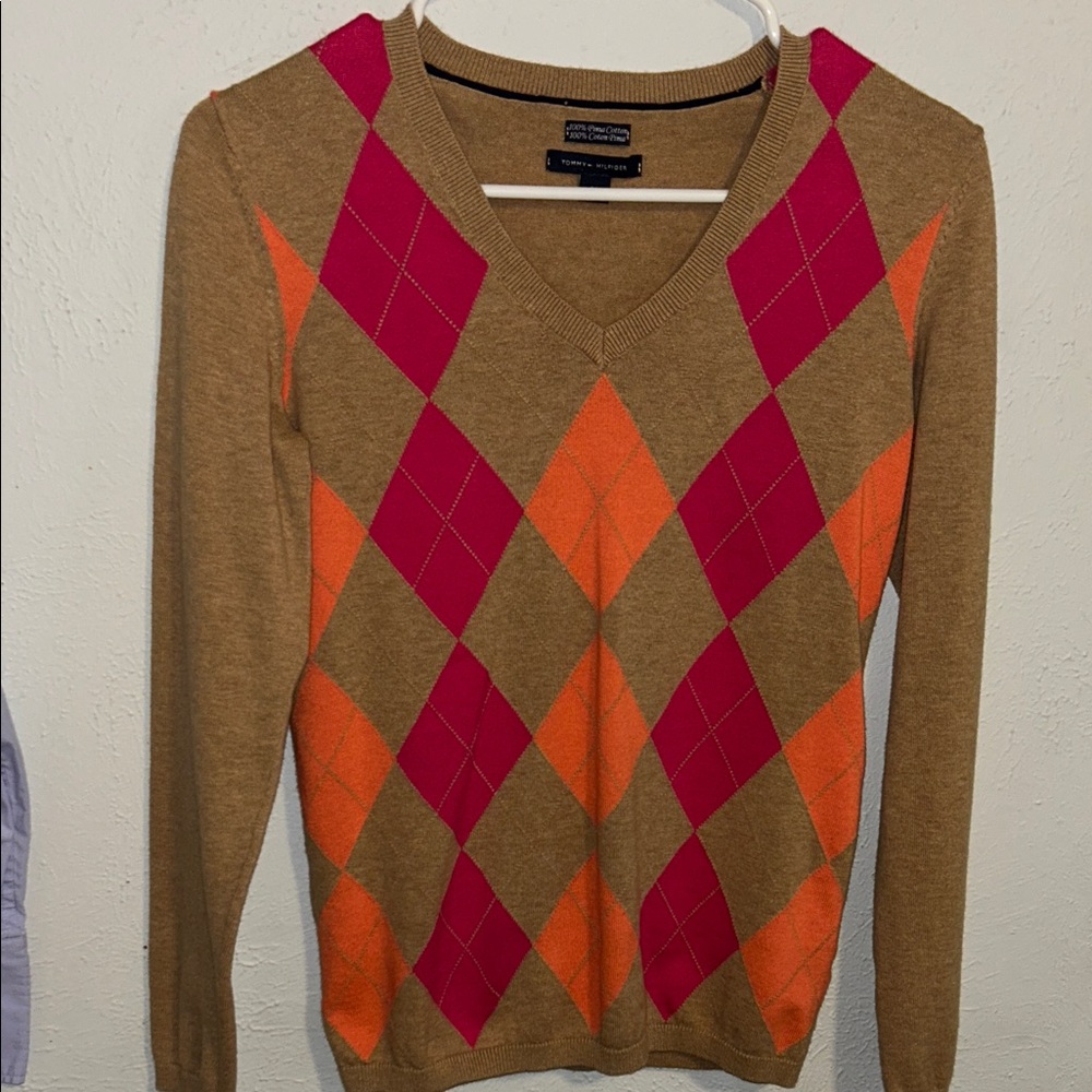 Tommy Hilfiger V-Neck Sweater - Brown, Pink, and Orange